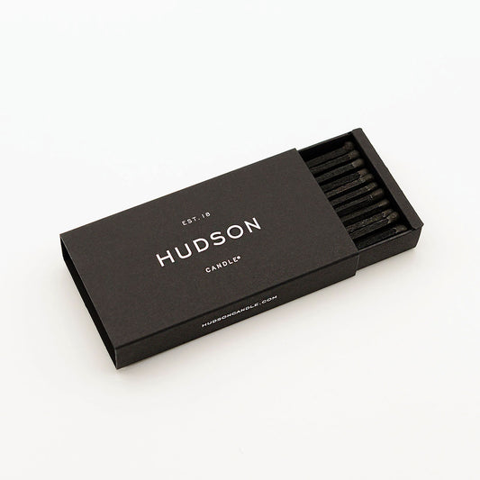 Hudson Candle® - The ultimate add on to level up your candle game. Featuring our signature black boxing with sturdy black dip-dyed matchsticks, substantially measuring 4 inches long. Elegantly crafted matches for candle connoisseurs alike.   Jo Malone Lafco Apotheke Forvr Mood Harpers Bazaar Elle Cire Trudon Neom Dyptique Byredo Baies Bloomingdales Nordstrom Archipelago Nest Forbes Harrods Luxury Hudson Candle New York Made in Germany