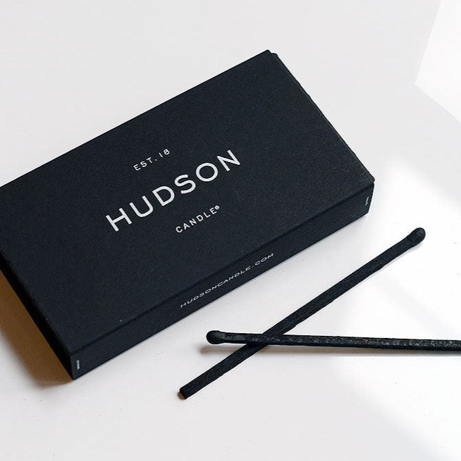Hudson Candle® - The ultimate add on to level up your candle game. Featuring our signature black boxing with sturdy black dip-dyed matchsticks, substantially measuring 4 inches long. Elegantly crafted matches for candle connoisseurs alike.   4 in Matchsticks - Jo Malone Lafco Apotheke Forvr Mood Harpers Bazaar Elle Cire Trudon Neom Dyptique Byredo Baies Bloomingdales Nordstrom Archipelago Nest Forbes Harrods Luxury Hudson Candle New York